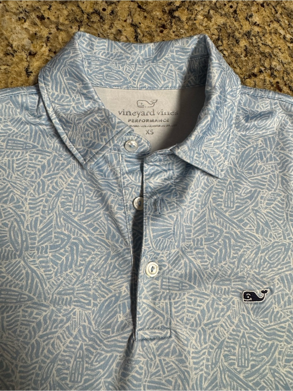 Vineyard Vines Golf Light Blue & White Leaf-Print Performance Polo